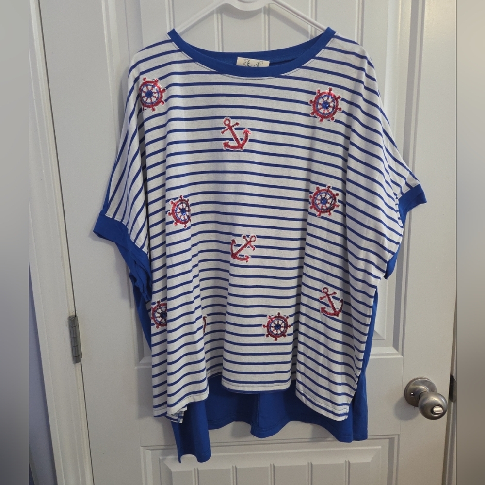 NWT FANTASTIC FAWN Small Oversized T Shirt  Red White Blue Nautical Stripe USA